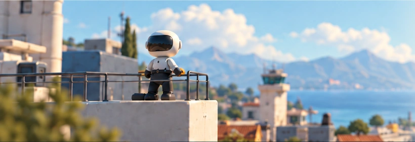 A little robot looking out over a bright coastal town, harbour, and distant mountains.