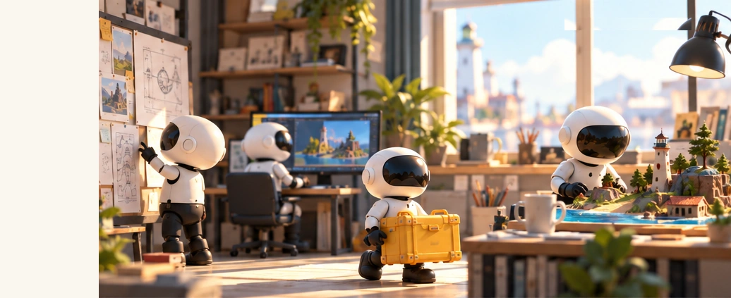 Creative robots sketching ideas, building miniature worlds, and making games together in a sunlit studio.