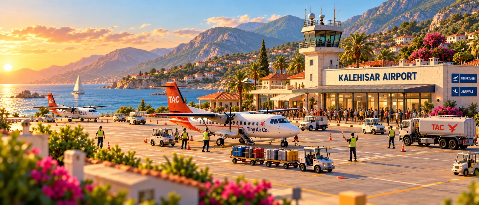 Tiny Air Co. planes and ground crews at Kalehisar Airport, beside the sea and mountains at sunset.