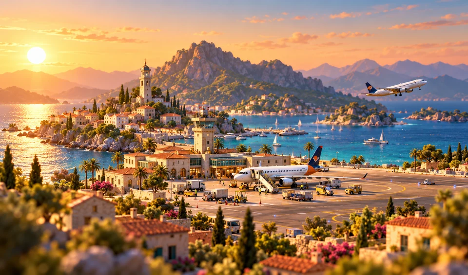 A warm coastal town surrounded by hills and a harbour.