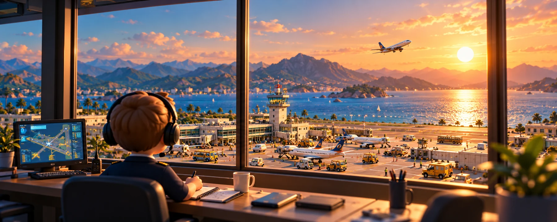 A little airport manager looking over the apron through a window at sunset.
